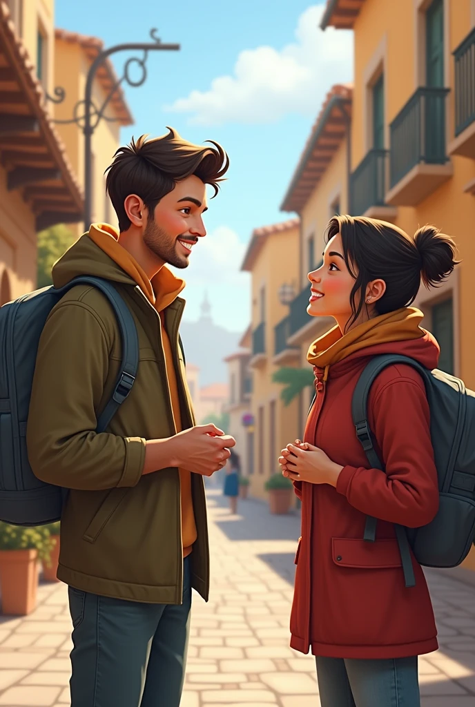 
An image of a traveler chatting with a local on a picturesque street. The traveler is using phrases in the local language, and the local is smiling and responding kindly. The scene conveys a sense of connection and cordiality., with a typical architecture in the background.