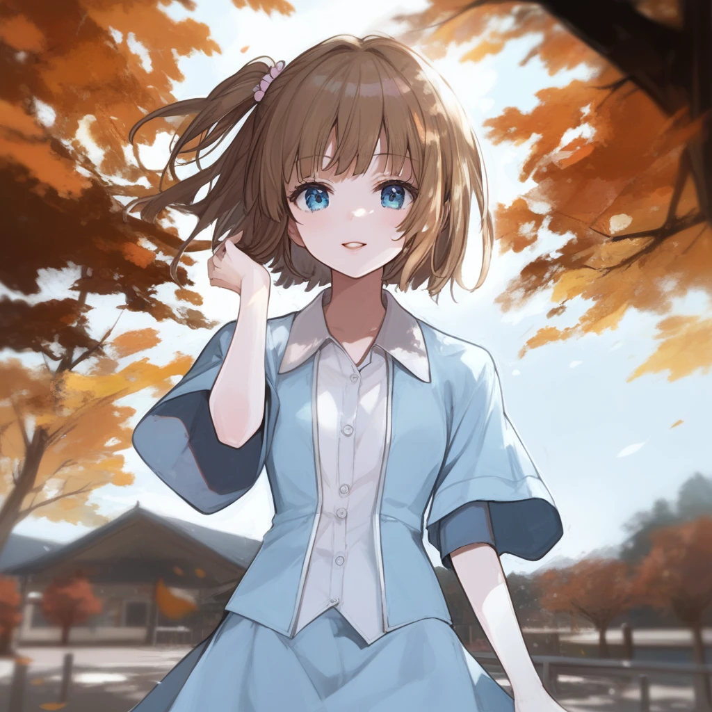 anime girl in a blue dress and white shirt standing in front of a tree, female protagonist 👀 :8, sayori, painted in anime painter studio, made with anime painter studio, young anime girl, chihiro! fujisaki, (anime girl), portrait of an anime girl, anime portrait of shiina ringo, close up of lain iwakura