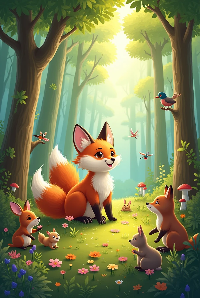 A joyful forest scene with the fox and all the animals happily interacting together, showing the transformed, friendly atmosphere.