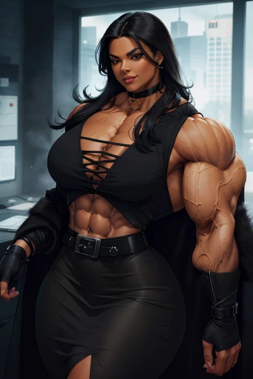 ((Close-up)), tall, (black hair), beautiful muscular business woman, long straight hair, brown skinned, closed smile, (black lipstick), (massive muscles), (hyper muscle), ((ginormous bulky muscles)), orange eyes, ((((black overcoat)))), ((((black office top)))), (((pencil skirt with belt))), (fingerless gloves), choker, in airport,
