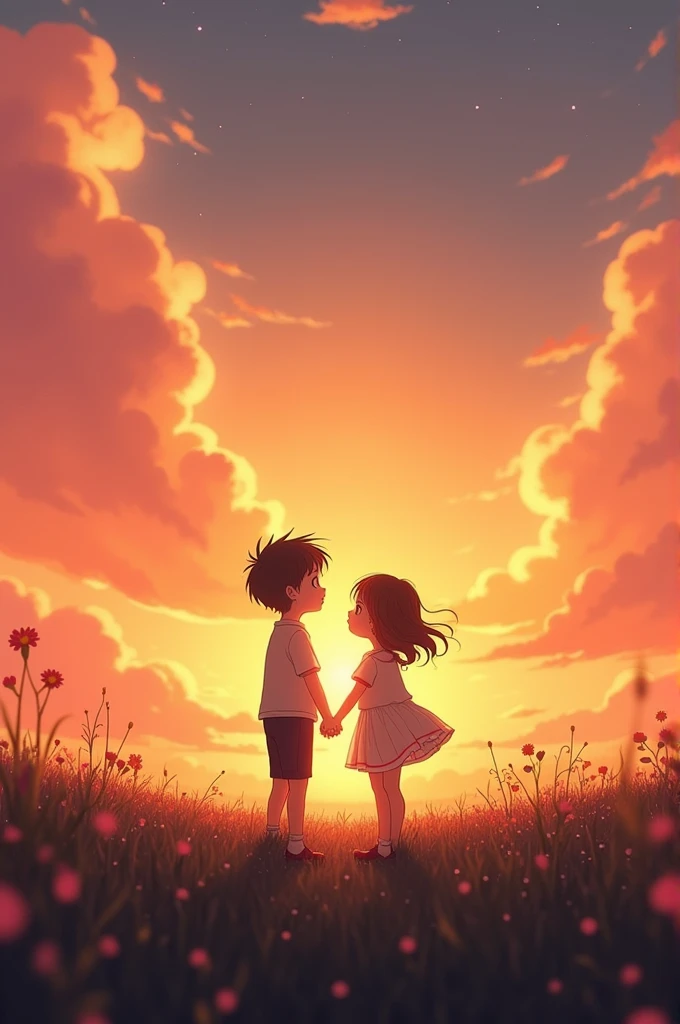 A boy and girl with sunset