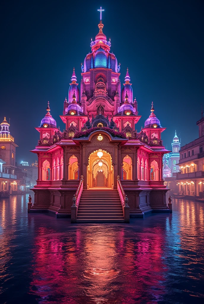 Dwarkadhish temple of dwarka fully decorated with lights and flowers at night with neon lights