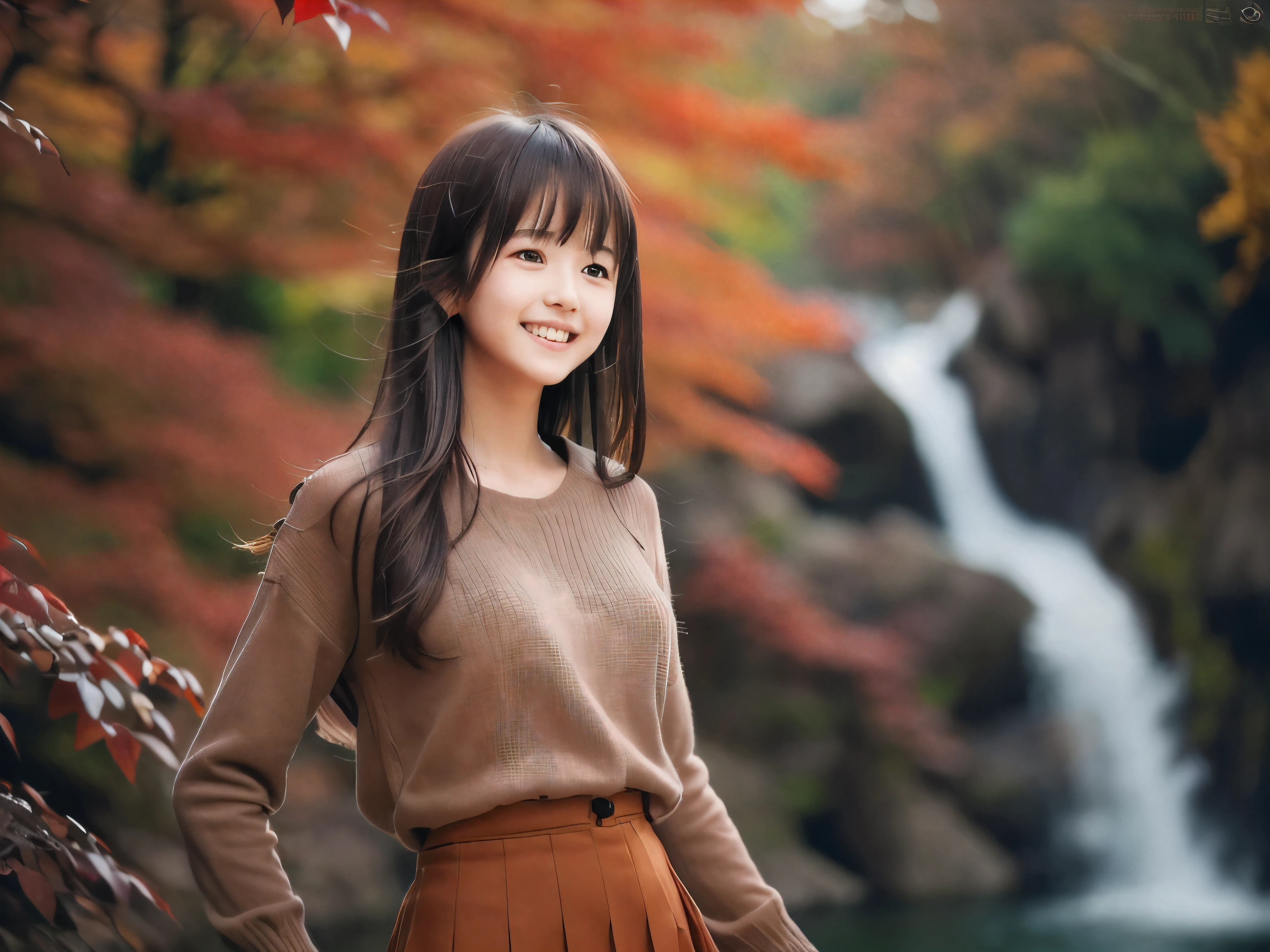 (Close up face shot of one slender small breasts half up brown long hair with bangs girl in a long sleeves shirt and sweater and skirt:1.5)、(One girl is dancing with happy smile on the dart road near the lake and big waterfall in Japan:1.5)、(Beautiful autumn red leaves landscpe:1.5)、(Natural light:1.5)、(8k ultra detailed master piece:1.5)、(perfect anatomy:1.5)、(Photorealistic stick:1.5)、(Raw photo:1.3)、(highest quality:1.5)、(High resolution:1.3)、(Delicate and beautiful perfect face:1.3)、(Delicate and beautiful eye air skin:1.3)、(Real Human Skin:1.3)、((thin legs))