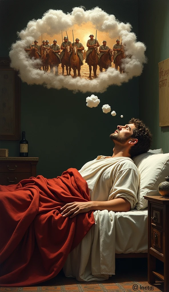 Marcus Aurelius lying on a single bed, looking at the ceiling, with a thought bubble showing annoying people or challenges (like Roman soldiers shouting, important documents, etc.) while he remains calm.