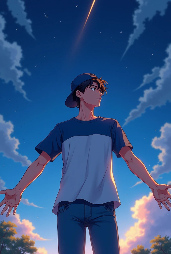 
(Ash_pokemom)(Brown eyes, black hair, blue and white t-shirt with jeans, hat ) (1)
, readiant smile, in the light of the moon, anime realistic , star , handsome guy , magic moment, 4k , only our , beautiful night, shooting star, smile, smile , looking front , look ahead , arms outstretched