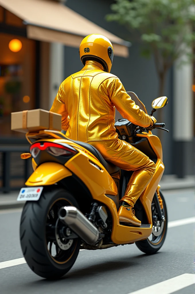 Creates driver with motorcycle, in golden clothes making delivery, not uniform written Fut_Storesz11