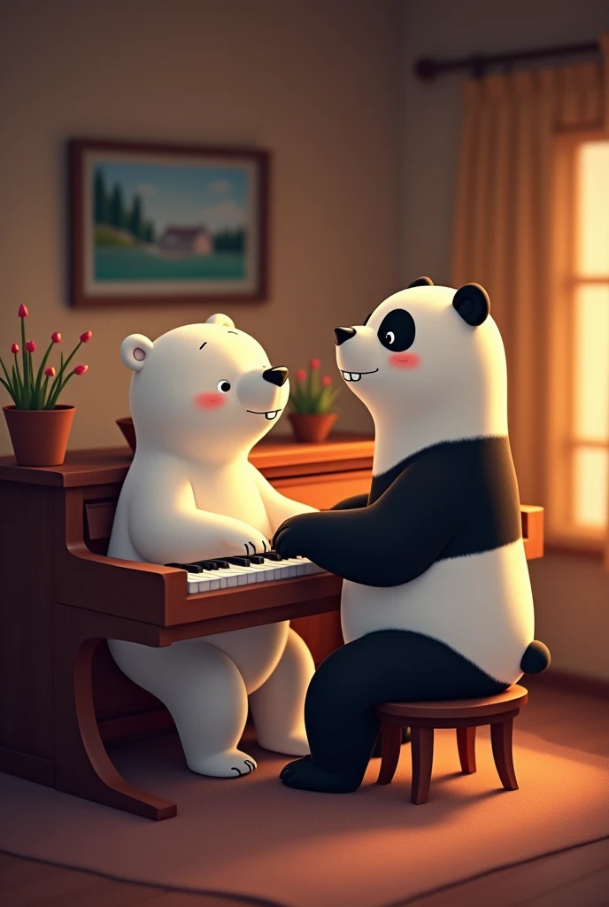 Create a Polar and Panda image from We Bare Bears, playing piano together