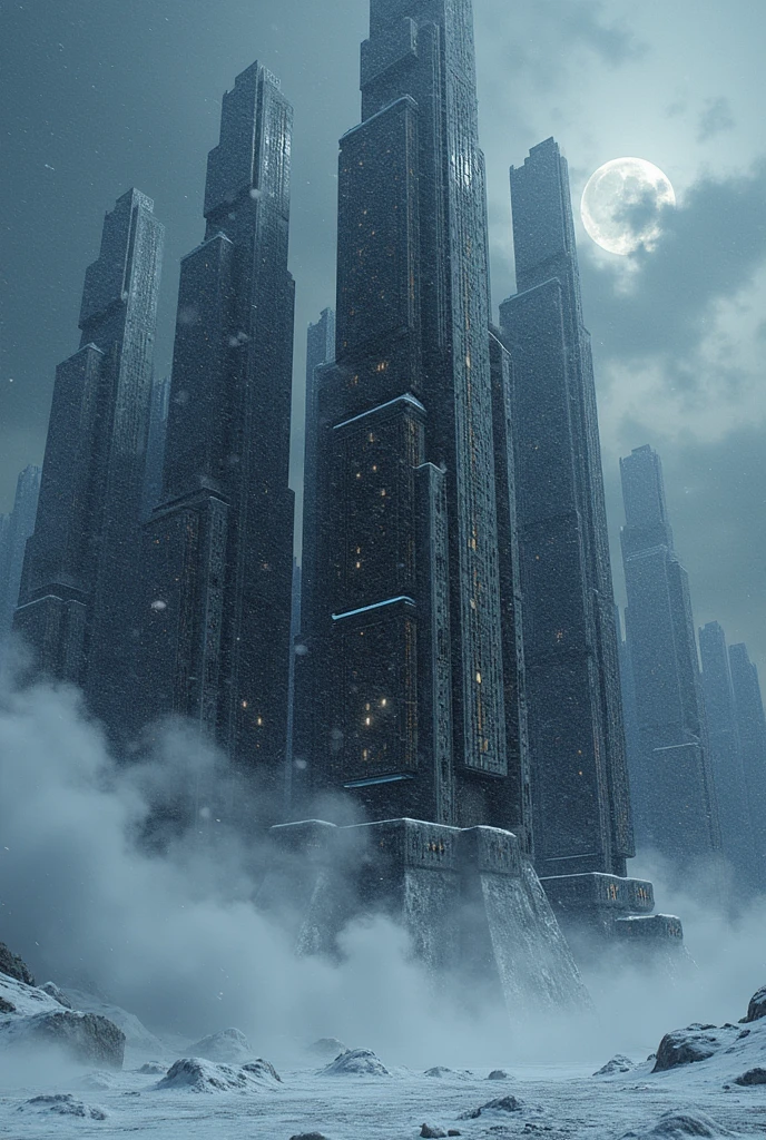 A cluster of metallic skyscrapers, (Super dense) , Detailed, (Pitch Black Night), (Coarse snow, high density. storm)