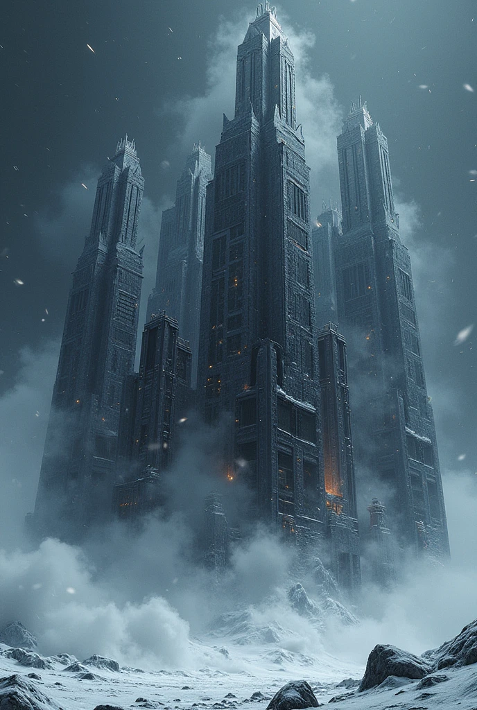 A cluster of metallic skyscrapers, (Super dense) , Detailed, (Pitch Black Night), (Coarse snow, high density. storm)