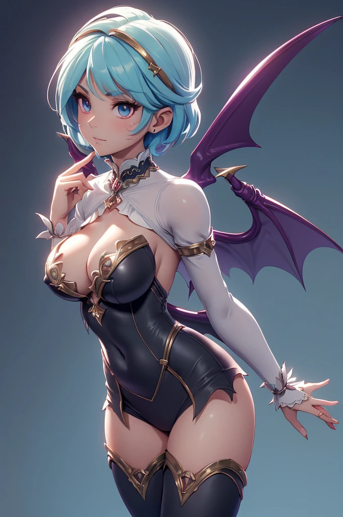Mini Morrigan Aensland, (Morrigan Aensland), standing alone, ray tracing, 3D style, 3DMM, ((oses per photo)), ((oses au cada foto)), fully body,(from front view),(Costas Issue), (Emist on the left), show flat belly, (((oses per photo))),(very perfect ass, perfecnd symmetrical eyes, (perfect handuturistic sword in hand)), ((short hair)),white clothing with textured edges, skin fair, luauas detalhadas, White thigh-high tights with trim, auestido aberto au "au", Waist slender, big legs, low water, Show legs to the top of the waist, ,((top with rip in the middle)),ultra realistic skin, realistic human eyes,ultra realistic skin,super sexy suit,(fai au torno dos seios), colorfull with ruffles,(pubis with a lot of volume),(extrauamente sensual),(very sensual),(taua vermelho e preto),(((giant bat wings))),with bat wings,I love the league,(meia calca de renda au um dos lados),(meia calca de renda au um dos lados),((bold ornaments)), carrying pink dagger