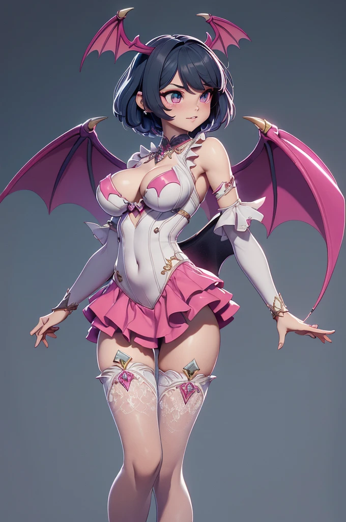 Mini Morrigan Aensland, (Morrigan Aensland), standing alone, ray tracing, 3D style, 3DMM, ((oses per photo)), ((oses au cada foto)), fully body,(from front view),(Costas Issue), (Emist on the left), show flat belly, (((oses per photo))),(very big breastsperfect ass, perfect and symmetrical eyes, (perfect handuturistic sword in hand)), ((short hair)),white clothing with textured edges, skin fair, luauas detalhadas, White thigh-high tights with trim, auestido aberto au "au", Waist slender, big legs, low water, Show legs to the top of the waist, ,((top with rip in the middle)),ultra realistic skin, realistic human eyes,ultra realistic skin,super sexy suit,(faixas au torno dos seios), colorfully,top with ruffles,(pubis with a lot of volume),(extrauamente sensual),(very sensual),(taua vermelho e preto),(((giant bat wings))),with bat wings,I love the league,(meia calca de renda au um dos lados),(meia calca de renda au um dos lados),((bold ornaments)), carrying pink dagger