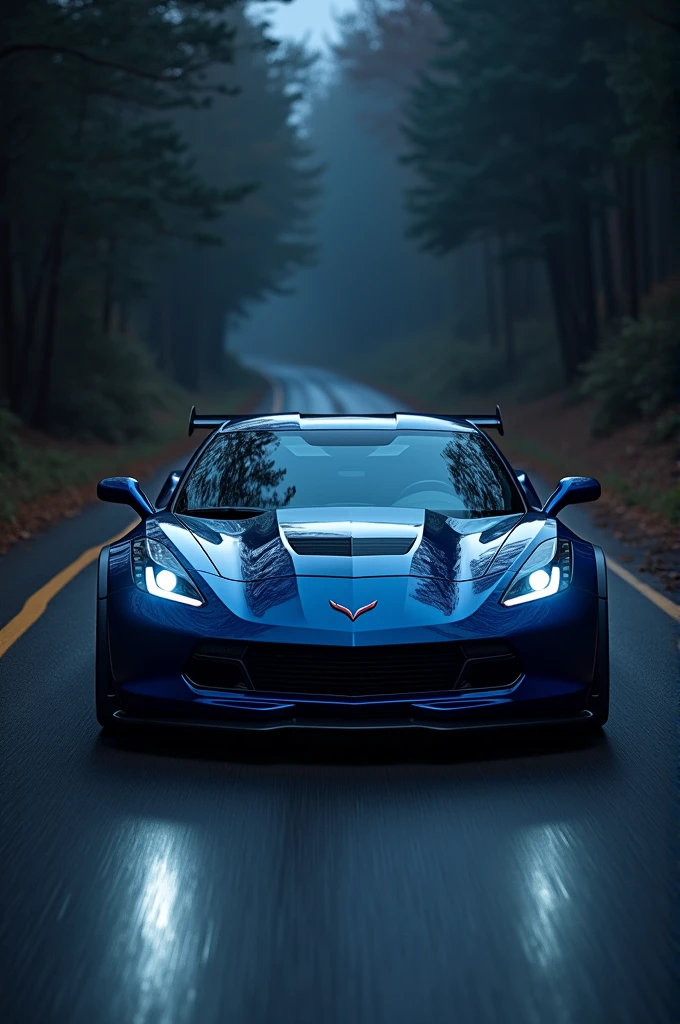 A midnight blue corvette wiper on road night