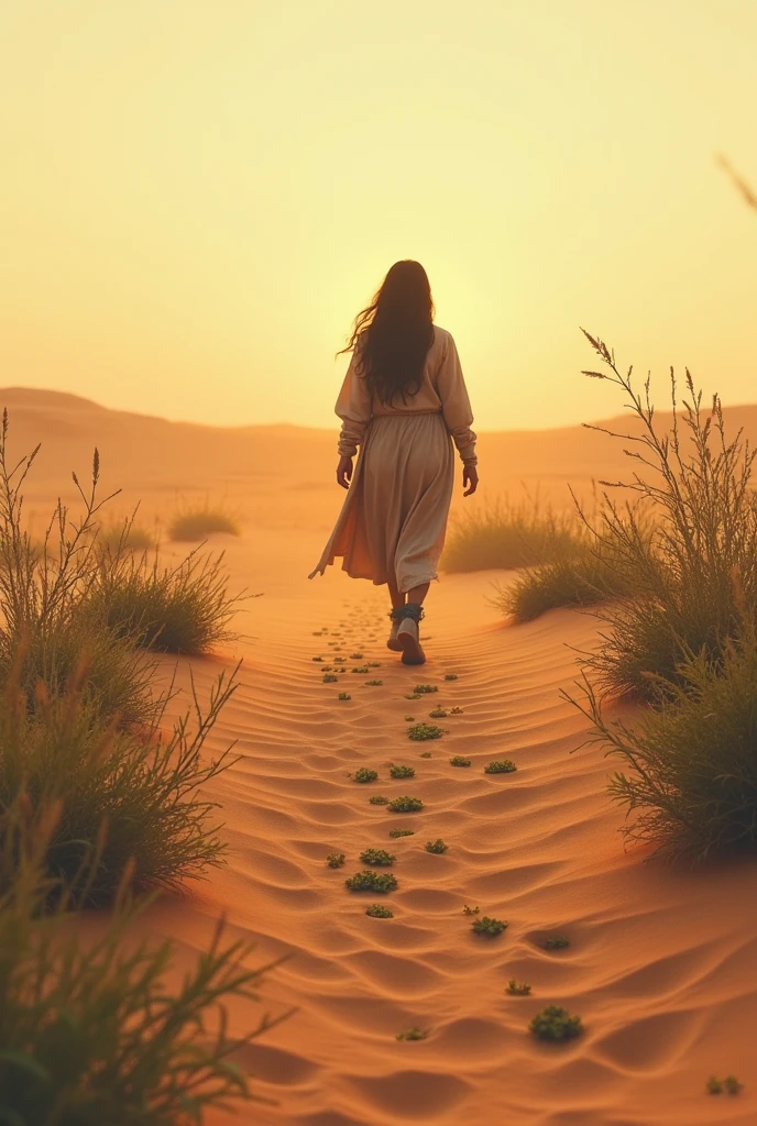 person walking backwards as he walks away in the desert leaving traces of vegetation at dusk