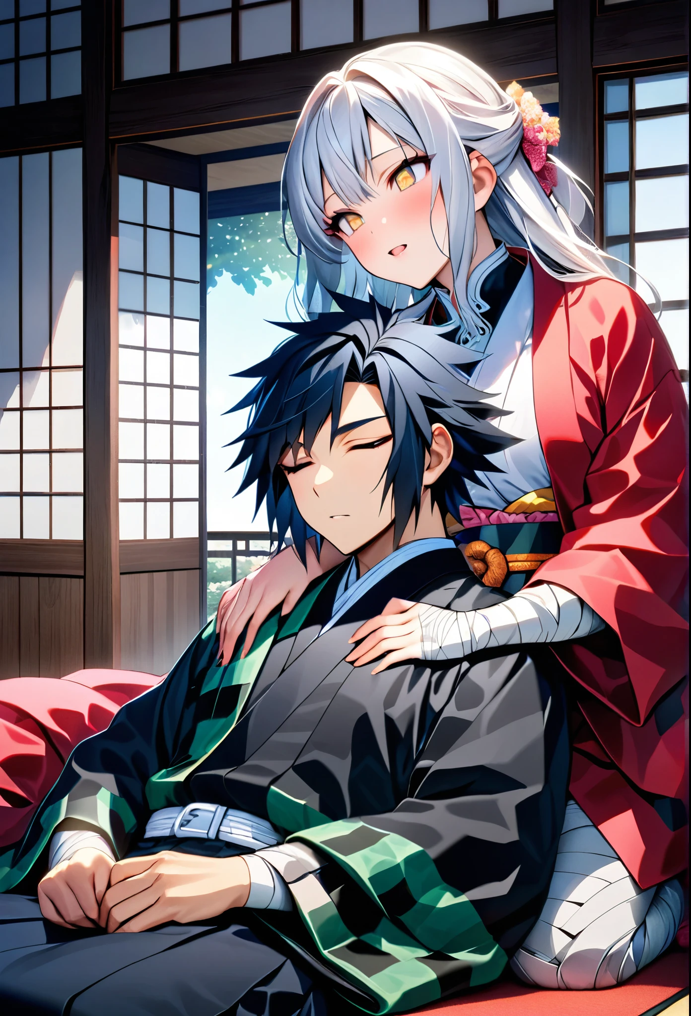 Ultra detailed, high resolution, absurd, HDR, masterpiece, anime girl and boy, beautiful woman (with long white hair with deep red streaks, girl (with yellow eyes), the girl (is wearing a red haori), uniform demon slayer black, Kimetsu No Yaiba, fantasy, handsome, Tomioka Giyu, Hashira, Tomioka inside a gentle hug, couple, romantic, inside a Japanese house, best quality, extremely detailed face, love, romance, anime, Tomioka is hurt and sleeping, she is watching the boy sleeping, Tomioka is a strong man with bandages