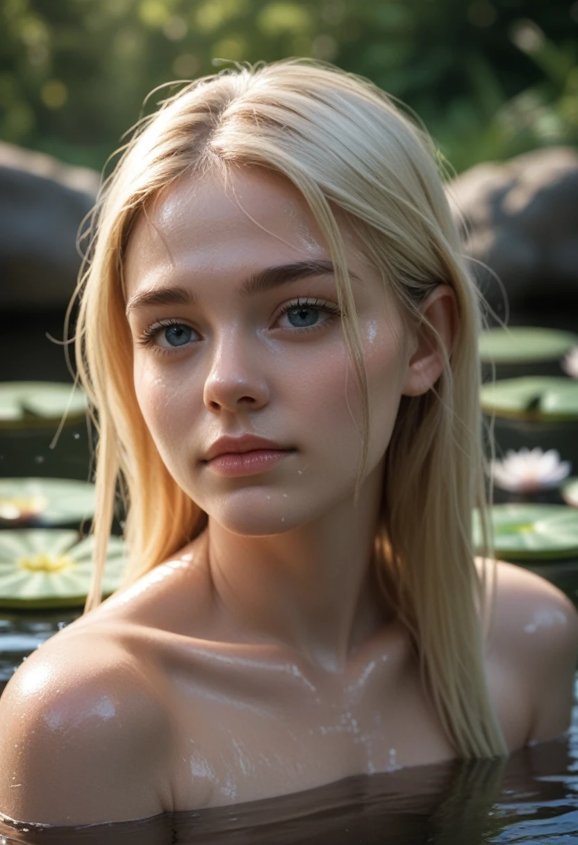 RAW photo, 20 year old Brazilian, blonde balayage, close-up portrait, Swimming in the lake, She's waist-deep in water,  completely , Summer sunshine, Shiny skin, wet skin, skin pores, wet hair, water lily, (soft lighting), realistic, masterpiece, top quality, lens flare, [[chromatic aberration]],best shadow, photorealism, hyperrealism