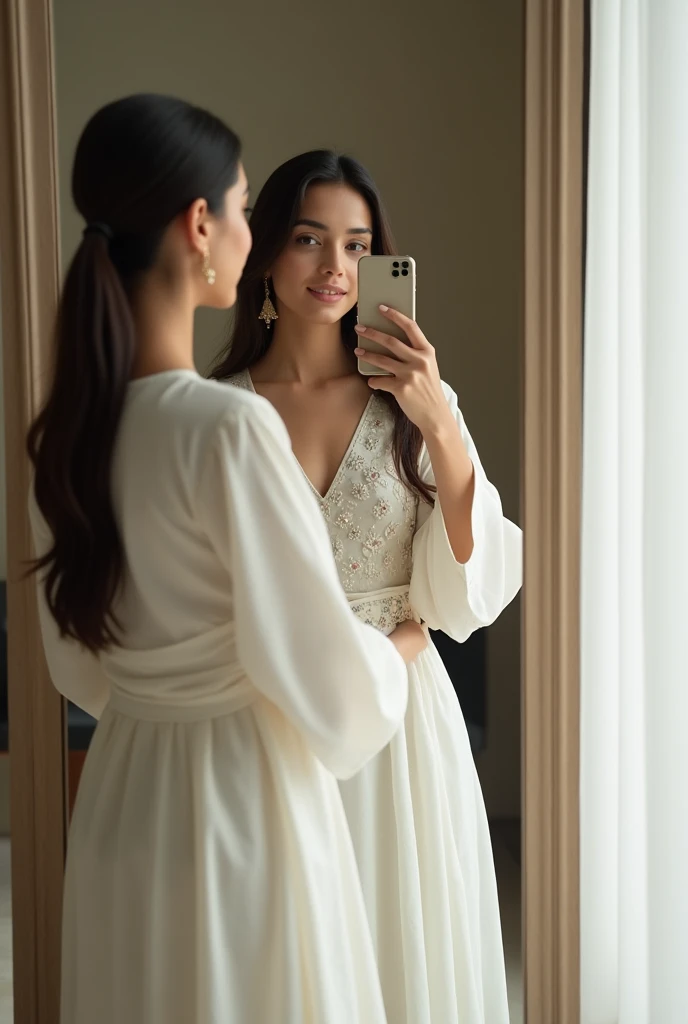 A girl taking mirror selfie in white kurti