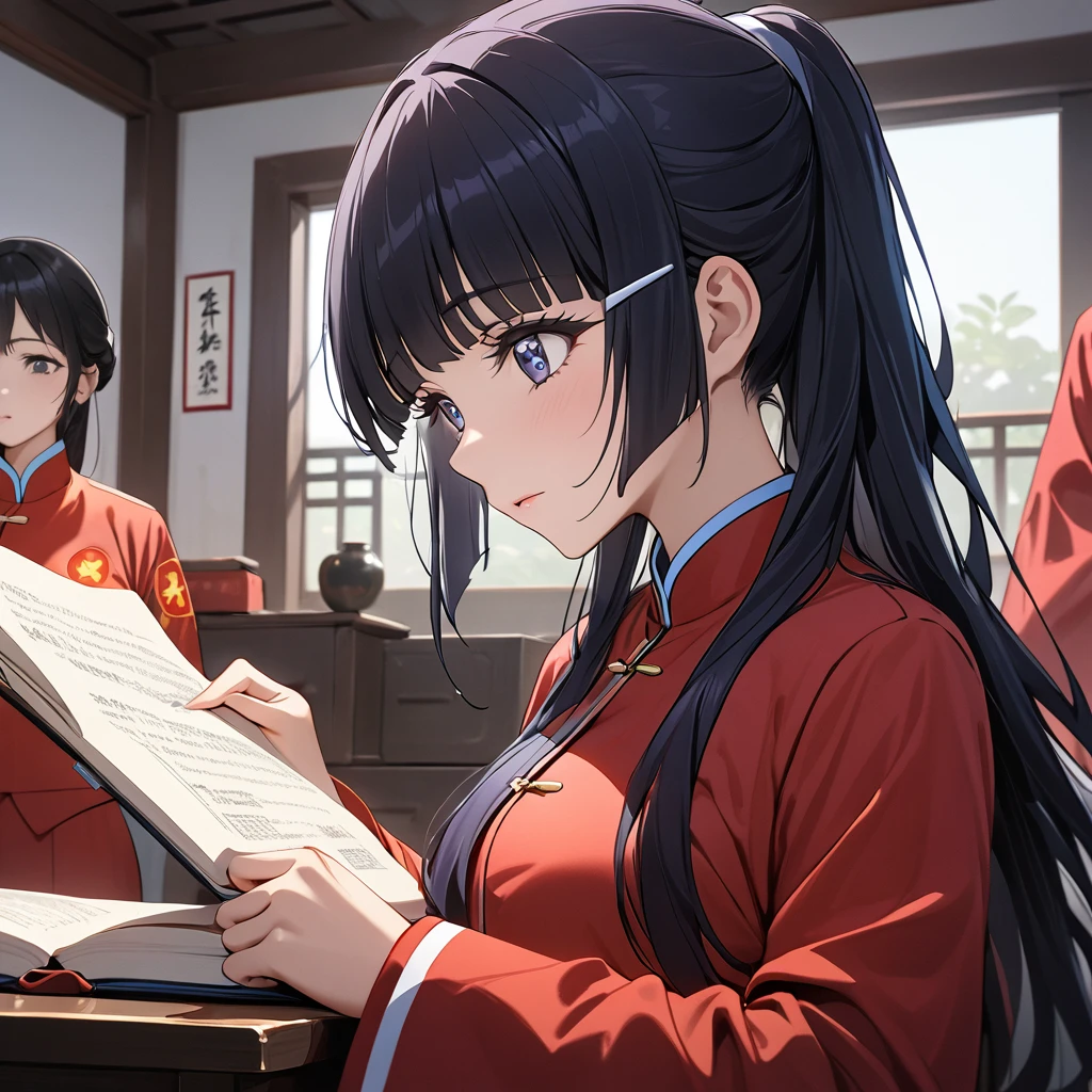 ((Highest quality)), ((masterpiece)), (detailed), (Perfect Face)、The woman is Reika Aoki with semi-long hair、A woman is wearing a Mao suit in China、The woman is listening intently to and studying the teachings of the Chinese Communist Party.