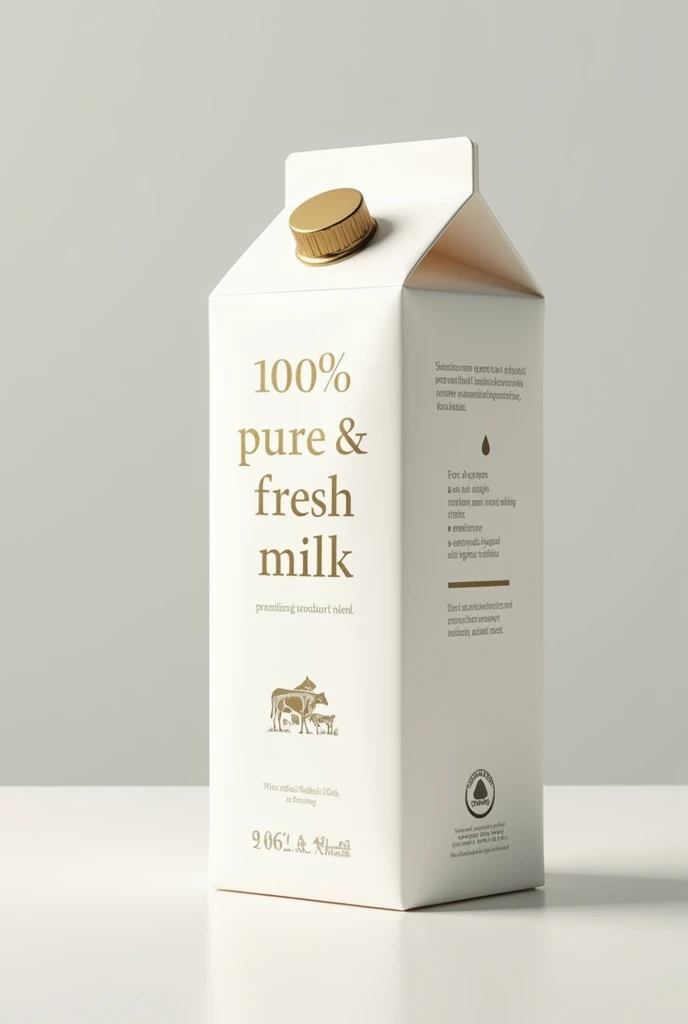 Design a premium milk packaging using a cost-effective material like paper carton or biodegradable materials, with a focus on conveying 100% purity and trustworthiness. The packaging should include the following elements:Modern Paper Carton: Use a sleek, modern paper carton with a matte finish. The carton should have smooth, clean edges and an ergonomic shape that’s easy to hold. The overall design should be minimalist, with a dominant white color that signifies purity.Soft-Touch Matte Finish: The carton should have a soft-touch, matte finish to give it a premium feel. This finish not only looks elegant but also feels luxurious to the touch, setting it apart from standard cartons.Bold Purity Statement: On the front of the carton, prominently display the words “100% Pure & Fresh Milk” in a large, elegant font. Use a gold or silver foil stamping for the text to add a touch of luxury without increasing costs significantly.Natural Elements: Incorporate subtle natural elements into the design, such as a small, illustrated green leaf or a drop of milk. These symbols should be simple and placed near the brand name to emphasize the product’s natural origins.Eco-Friendly Message: Highlight the eco-friendly nature of the packaging with a small badge or icon that says “Eco-Friendly Packaging” or “Sustainably Sourced.” This reassures consumers that they’re making a responsible choice.Easy-Pour Cap: Use a premium-looking, easy-pour cap that is made from recyclable plastic or bio-based material. The cap should have a sleek, modern design and be colored in a metallic tone to contrast with the white carton, adding a visual pop.Minimalistic Farm Imagery: Add a small, refined illustration of a traditional dairy farm with grazing cows in a single color (like gold or silver) on the side of the carton. This imagery should be subtle but evoke a sense of natural, farm-fresh purity.Elegant Branding: The brand logo should be simple, using a classic serif or script font that conveys reliabil