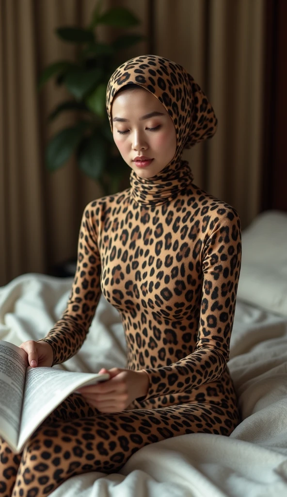 The most beautiful,thin,most pretty and clever Asian muslimah adult girl wears sunda clouded leopard lycra turtleneck unitard catsuit covered with spots.She always wear sunda clouded leopard print lycra dancewear stretchy square hijab covered with many spots.She sits on the bed and reads a lot of newspapers