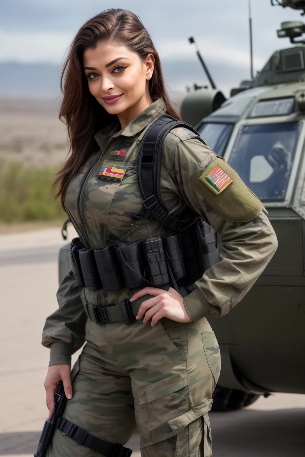 Full body photo of 50YO MATURE MILF AISHWARYA RAI as ARMY LADY, WEARING FULL ARMY GEAR, COMBAT BOOTS, COMBAT GLOVES, KNEEPADS, CAMO PLATE CARRIER RIG, intricate details, POSING next to army helicopter, ((MOCKING SMILE)), PONYTAIL TIED HAIR, day scene, mature hourglass figure, look straight at camera, sexy 50 yo mature MILF, soft volumetric lights, intricate details, (ArtStation:1.2)