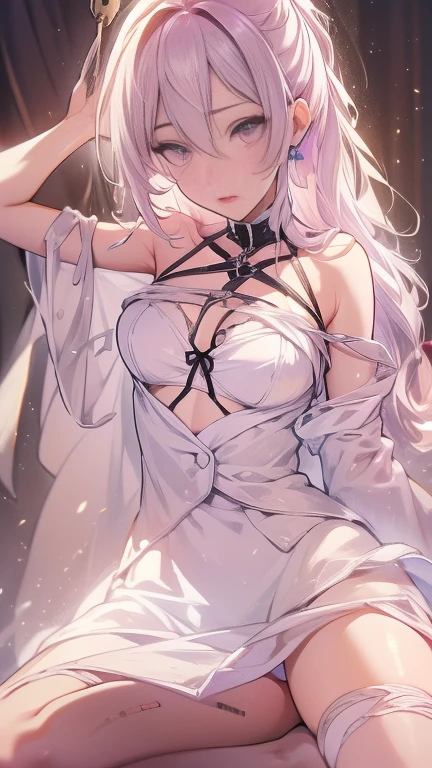 (Realistic:1.6),(High resolution:1.6),(alone, ),，(Thin woman:1.2),(Beady Eyes),(Hollow Eyes),(Brown ponytail),(Slender body),(Show off your ribs),(experience an orgasm),(Preteen),(Small breasts)，(Flat Chest),(Ahegao),(Ecstasy),(sexual excitement),(BDSM),(A see-through white dress),(Harness),(constrained),(Hands tied),(Tied up and unable to move),(masochism),(eroticism),(Both armpits are visible),(Place your hands behind your head),(Sexual violence),(Paper Panties),(Paper Bra)，Drop a milk bottle at your feet，Cover your face with milk，Soaking the breast with milk，The broom has fallen、Sweating profusely，Vaginal bleeding，Young Body，low length，Systemic composition，Pink lights