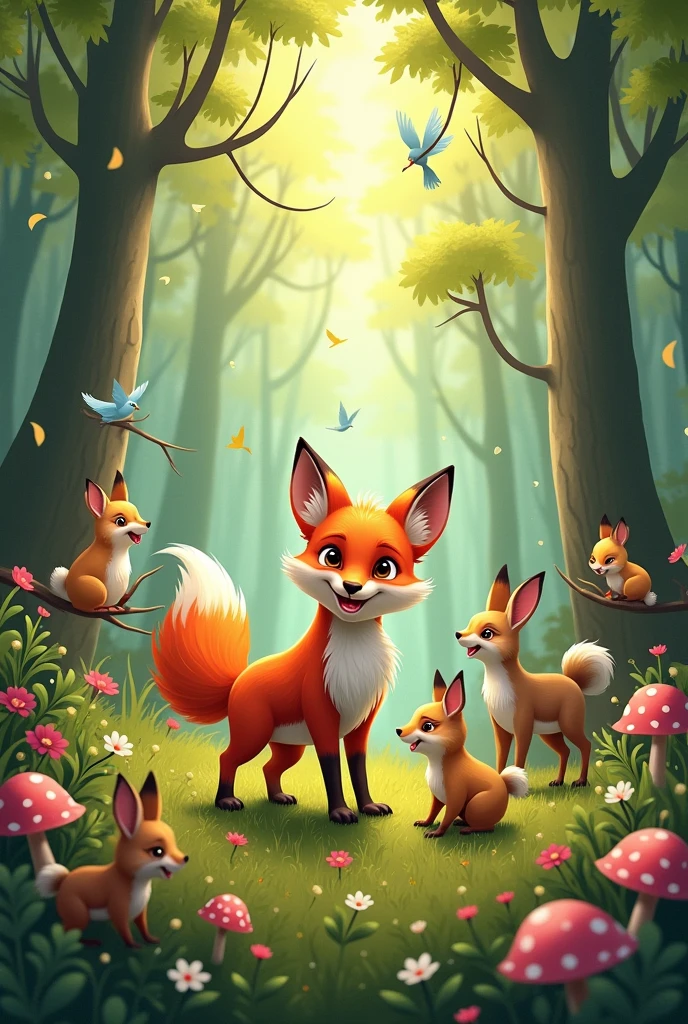 A joyful forest scene with the fox and all the animals happily interacting together, showing the transformed, friendly atmosphere.
