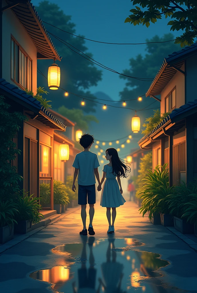 A boy walking with girl at night japan