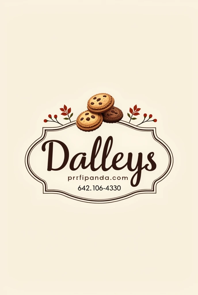 Sale of cookies realistic logo without figures name dallelys phone number 6421064030