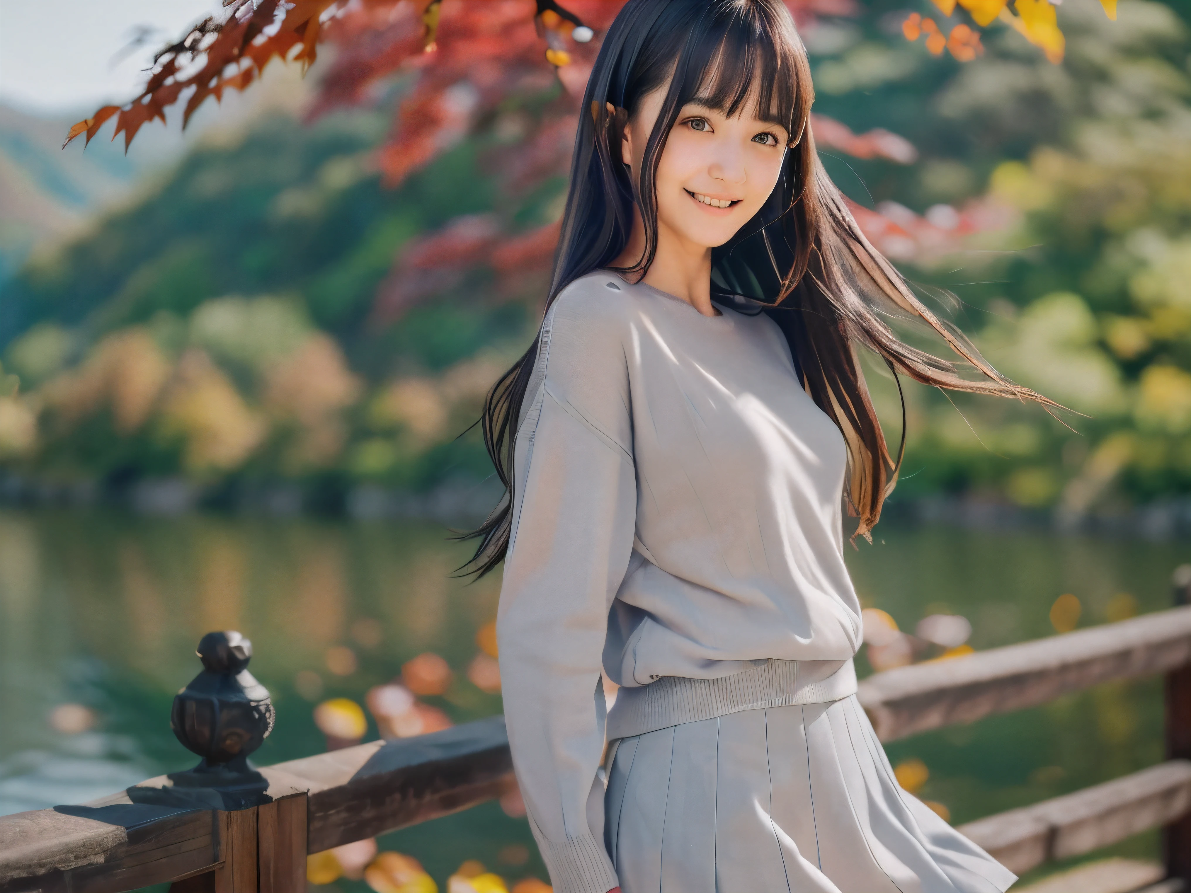 (Close up face shot of one slender small breasts dark silver long hair with swept bangs girl in a long sleeves shirt and sweater and skirt:1.5)、(One girl is dancing with happy smile on the dart road near the lake and big waterfall in Japan:1.5)、(Beautiful autumn red leaves landscape:1.5)、(Natural light:1.5)、(8k ultra detailed master piece:1.5)、(perfect anatomy:1.5)、(Photorealistic stick:1.5)、(Raw photo:1.3)、(highest quality:1.5)、(High resolution:1.3)、(Delicate and beautiful perfect face:1.3)、(Delicate and beautiful eye air skin:1.3)、(Real Human Skin:1.3)、((thin legs))