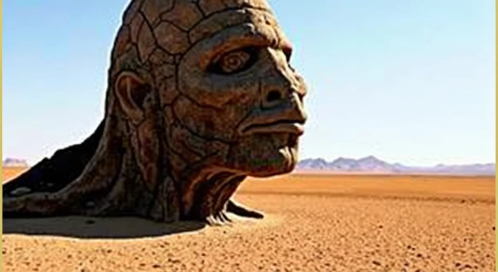 a rock formation in the desert that resembles a giant human head. The "head" appears to be partially buried in the sand, with sculpted facial features that resemble an aged or weathered face. The surrounding landscape is barren and desolate, with a distant horizon that reveals mountains beneath a clear sky. The appearance of the rock, with marked textures and carved details, gives an impression of something ancient and mysterious.