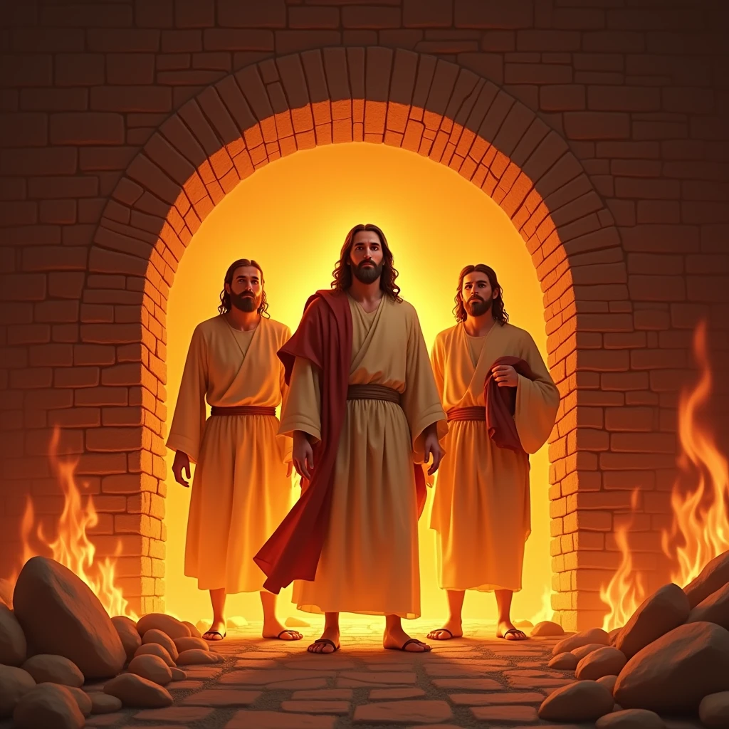 4 men, one of them being Jesus, inside a fiery furnace without getting burned, brick furnace 