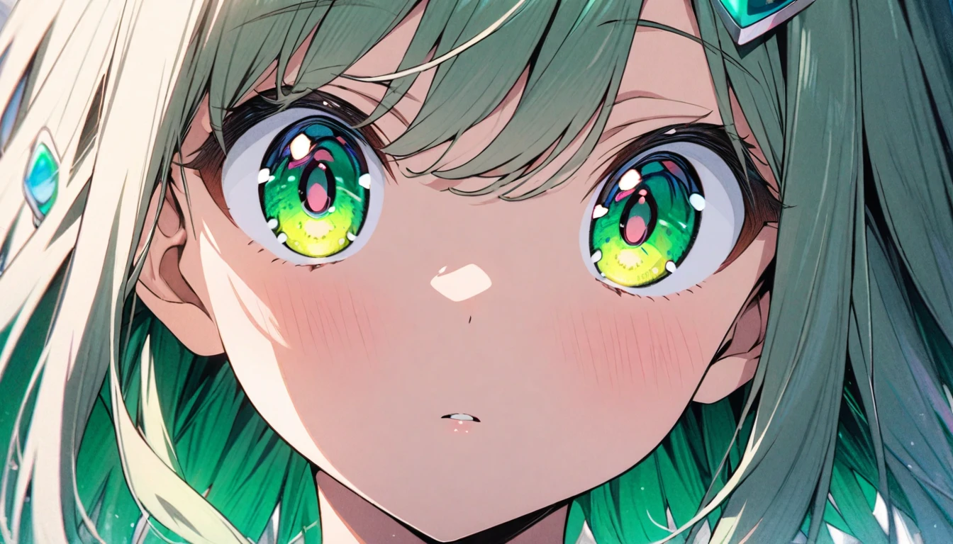 Side Tail、Emerald green eyes、Beautiful eyes、Big eyes、Beautiful hair ornament、anime、Masterpiece、Face close-up、Colored pencil、