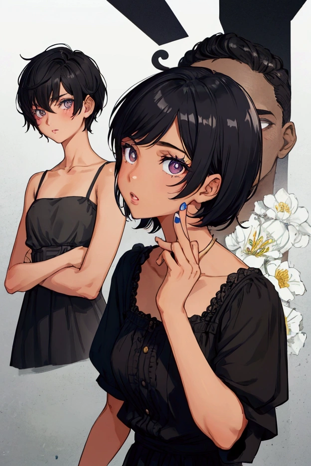 girl, tan skin, black eye pupils, tan skin, short hair, man hair, short hair, tomboy style, black hair, hair cut on the sides, man hair, blue dress