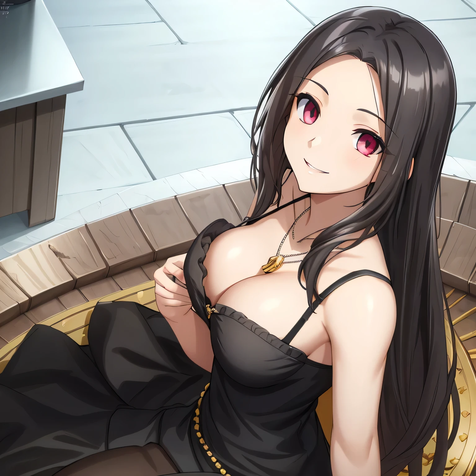 Irisvie,black dress,solo,looking at viewer,beautiful smile,,middle size of breast,beautiful necklace