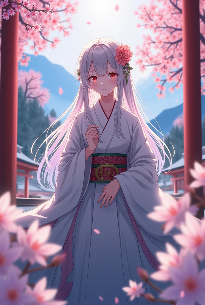 ((greatest masterpiece:1.3, ultimate quality:1.3, ultra-detailed:1.2)), (movie lighting), ((perfectly sensual)), super fine illustration, an extremely delicate and beautiful, 4K, 8K, 16K, UHD, Princess Konohana Sakuya, beautiful goddess, flowers, cherry blossoms, mountains, shrine maiden, sacred, graceful, cherry blossoms, shrine maiden clothes, sacred space, breath of spring, Japanese style, high resolution
