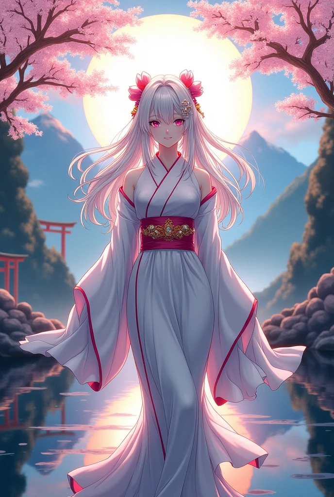 ((greatest masterpiece:1.3, ultimate quality:1.3, ultra-detailed:1.2)), (movie lighting), ((perfectly sensual)), super fine illustration, an extremely delicate and beautiful, 4K, 8K, 16K, UHD, Princess Konohana Sakuya, beautiful goddess, flowers, cherry blossoms, mountains, shrine maiden, sacred, graceful, cherry blossoms, shrine maiden clothes, sacred space, breath of spring, Japanese style, high resolution