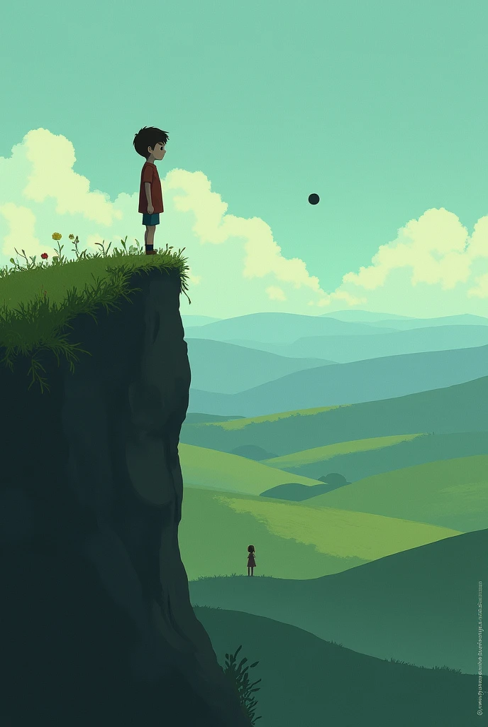 A boy looking from the height of a large hill at a girl who can only be seen as if she were a black dot due to the distance., while they surround her in a circle