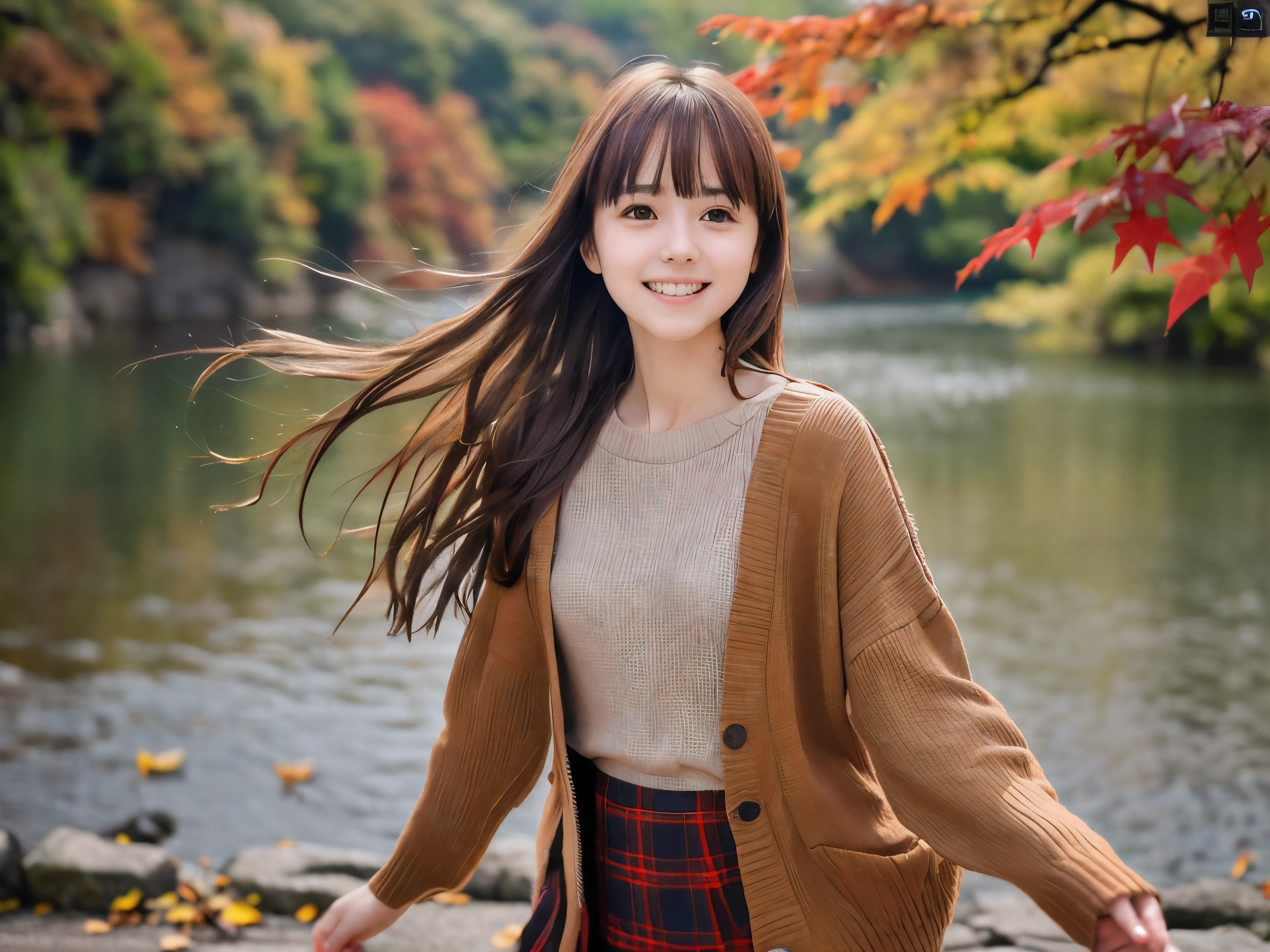 (Close up face shot of one slender small breasts red brown wavy long hair with dull bangs girl in a autumn fashion shirt and sweater and skirt:1.5)、(One girl is dancing with happy smile on the dart road near the lake and big waterfall in Japan:1.5)、(Beautiful autumn red leaves landscape:1.5)、(Natural light:1.5)、(8k ultra detailed master piece:1.5)、(perfect anatomy:1.5)、(Photorealistic stick:1.5)、(Raw photo:1.3)、(highest quality:1.5)、(High resolution:1.3)、(Delicate and beautiful perfect face:1.3)、(Delicate and beautiful eye air skin:1.3)、(Real Human Skin:1.3)、((thin legs))