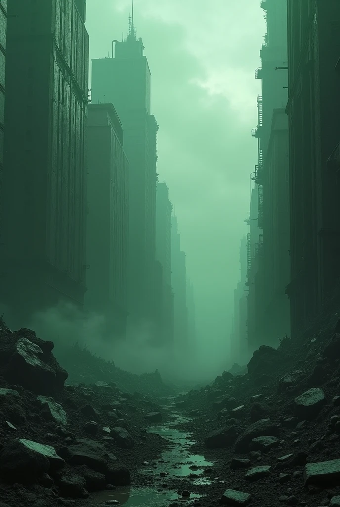 "An ultra-realistic depiction of a devastated, ultrafuturistic cityscape in ruins, bathed in dark, muted green and black hues reminiscent of 'Matrix'. The scene should feature a vast, desolate landscape filled with towering, crumbling skyscrapers and massive, eerie debris—remnants of a cataclysmic war between machines and humans. The atmosphere is thick with a cold, oppressive silence, evoking deep feelings of emptiness, solitude, and despair, embodying the essence of 'Midnight Oblivion'. The sky is clouded, with faint beams of light piercing through, barely illuminating the desolate ruins below. Subtle elements of digital decay and glitches flicker across the scene, enhancing the sense of a reality on the brink of collapse. The environment should evoke the unsettling feeling of being trapped in a place where time and existence itself feel distorted and forgotten."