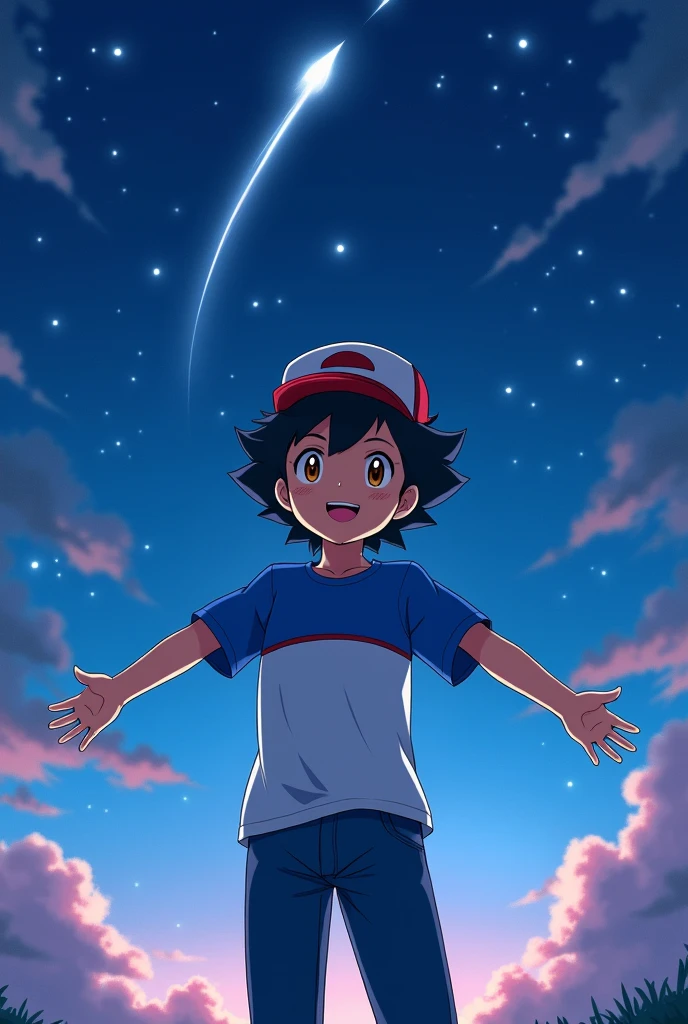 (Ash_pokemom)(Brown eyes, black hair, blue and white t-shirt with jeans, hat ) (1)
, readiant smile, in the light of the moon, anime realistic , star , handsome guy , magic moment, 4k , only our , beautiful night, shooting star, smile, smile , looking front , look ahead , arms outstretched forward