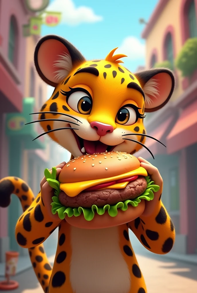 Animated leopard eating burger