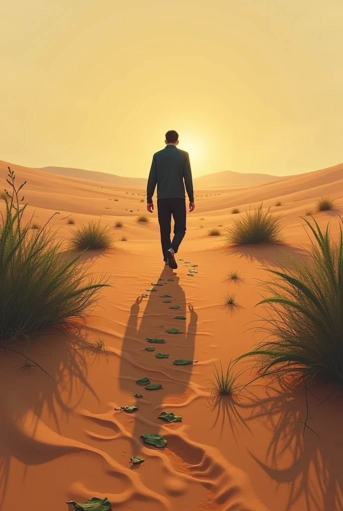 person walking backwards as he walks away in the desert leaving traces of vegetation at dusk