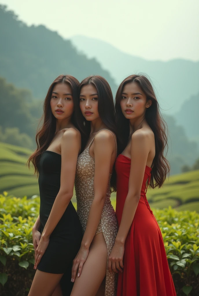 (solo, full body photo:1.3), (action packed:1.3), (haze, fog, mist:1.3), (blushing:1.1), ((best quality)), ((masterpiece)), (detailed), perfect faceprofessional portrait photograph of a gorgeous 3 women, sexy curve body(medium body posture), with long hair, smiling, cute natural makeup, wearing polite casual clothing(blue blouse and jeans), ((standing outside view mountain tea garden )), ultra realistic, elegant, highly detailed, intricate, sharp focus, depth of field, f/1. 8, 85mm, medium shot, mid shot, (((professionally color graded))), bright soft diffused light, (volumetric fog), trending on tiktok, hdr 4k, 8k