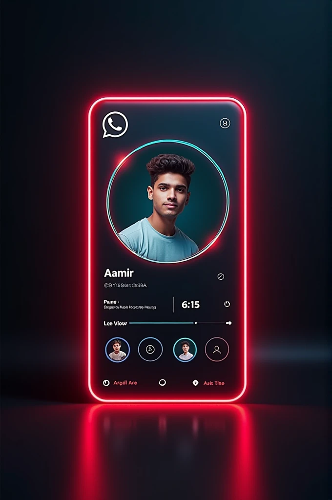A digital card displaying a WhatsApp with a similar design to the provided the reference image.The card should feature a young person's portrait a circular frame on the left side, with the WhatsApp logo and the text your WhatsApp name Aamir and your followers on the right side.The card should have a neon red outline and a dark background, similar to the reference image.