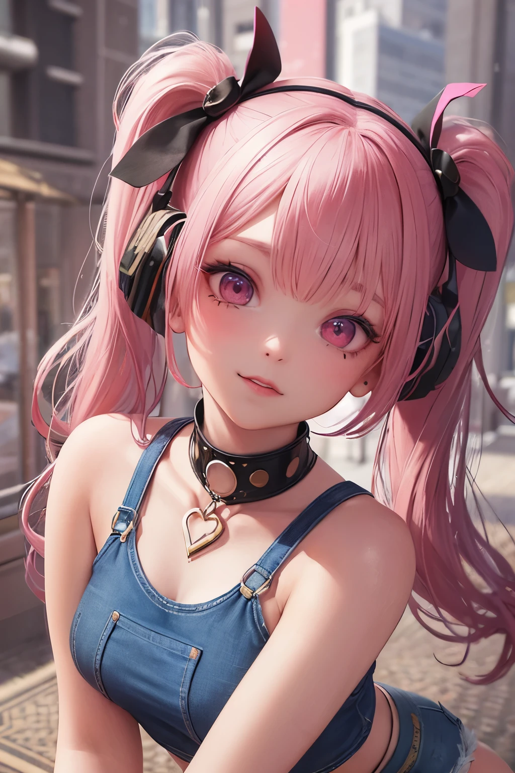 masterpiece, best quality, highly detailed, high resolution, expensive resolution, high resolution, 4k, 8k, uniform 8k wallpaper, highly detailed CG, masterpiece, 2d, 3d, beautiful details, depth, fine texture, best quality: 1.3, perfectly focused, crispy. skin, him, very cute anime girl, name is Mei, short twintails, idol, tank top, denim mini skirt, pink short twintails wearing expensive, mole under eye, looking at the viewer, expensive, blush, mole, parted lips, pink eyes, heart shaped choker, smiling face