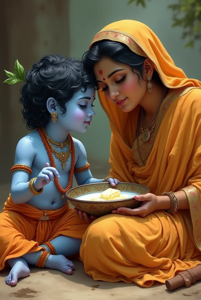 Little Krishna with jashoda eating butter milk

