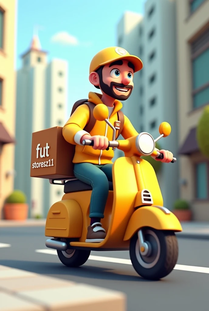  driver with motorcycle, in golden clothes making delivery, not uniform written Fut_Storesz11, 3D Disney pixel style image, minimalistic 