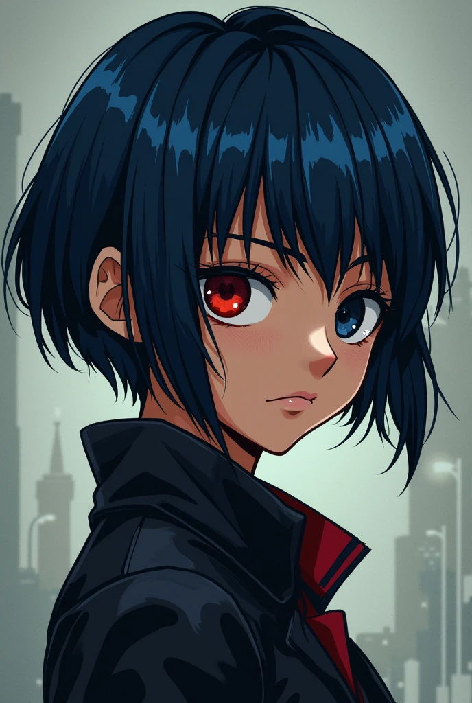 Create a girl with a man's haircut, that your hair color is dark blue ,that he has a serious expression and that his eye colors are one red and one black, that your skin is brown ,my hero academia style