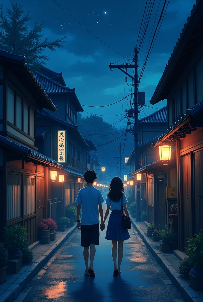 A boy walking with girl at night japan building