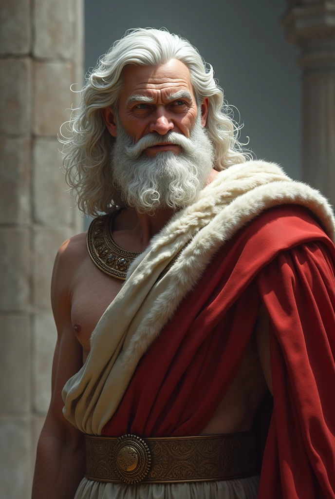 Zeus with white hair, with a flirtatious face, with more clothes. He is surprised with full body looking down